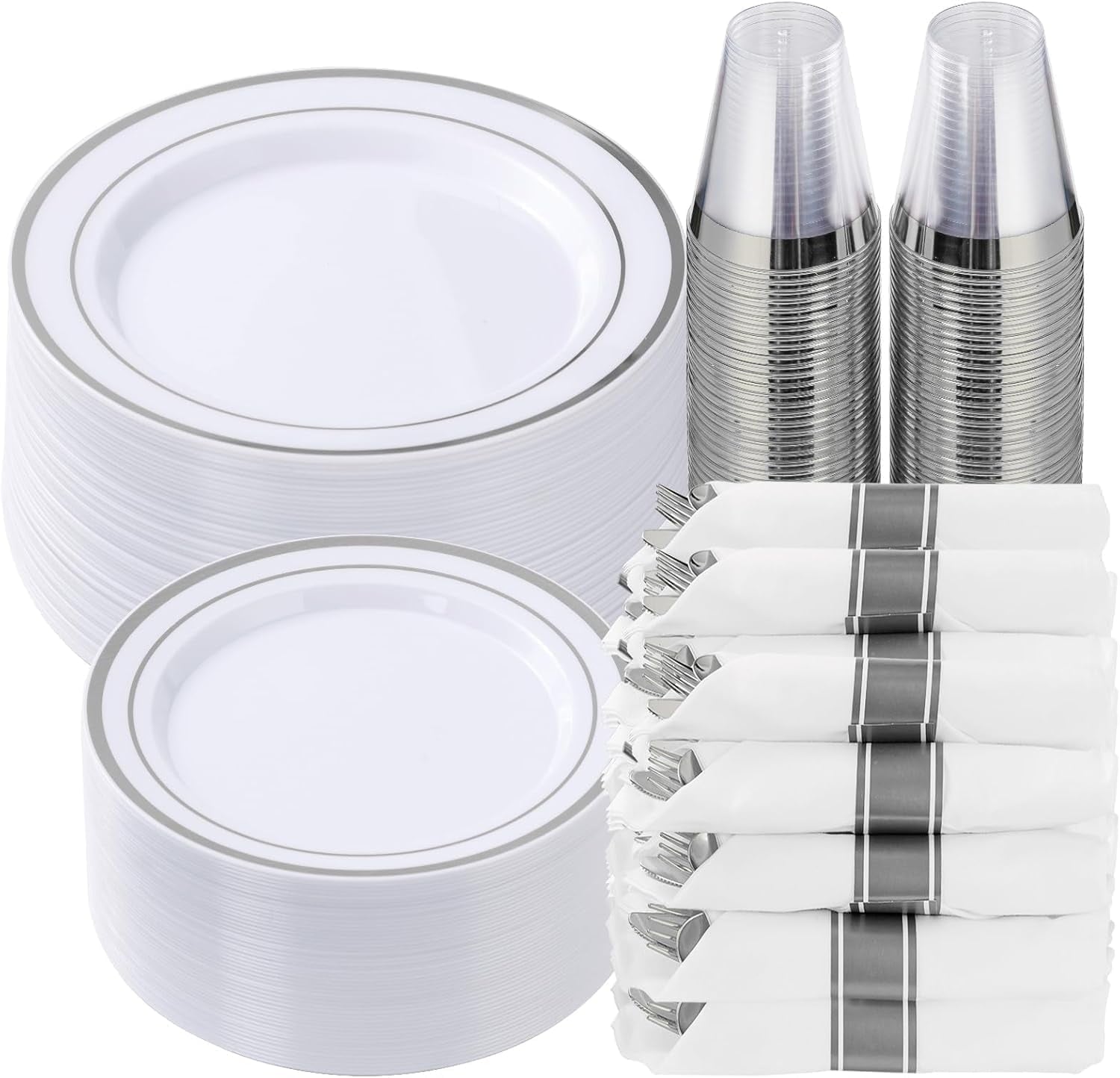 Frsuoak 350 Piece Gold Dinnerware Set for 50 Guests, Plastic Plates Disposable for Party, Include: 50 Gold Rim Dinner Plates, 50 Dessert Plates, 50 Paper Napkins, 50 Cups, 50 Gold Silverware Set