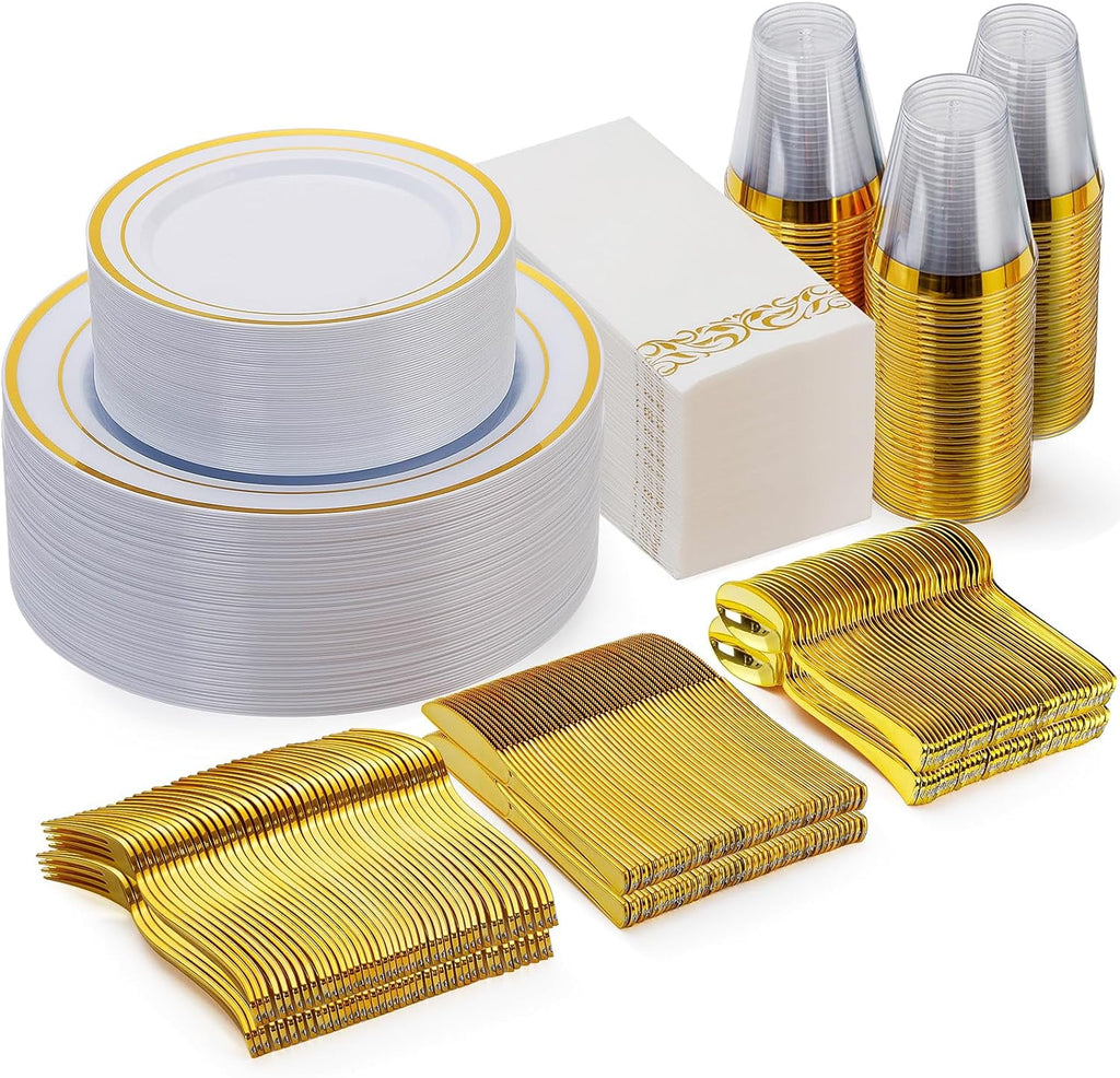 Frsuoak 350 Piece Gold Dinnerware Set for 50 Guests, Plastic Plates Disposable for Party, Include: 50 Gold Rim Dinner Plates, 50 Dessert Plates, 50 Paper Napkins, 50 Cups, 50 Gold Silverware Set