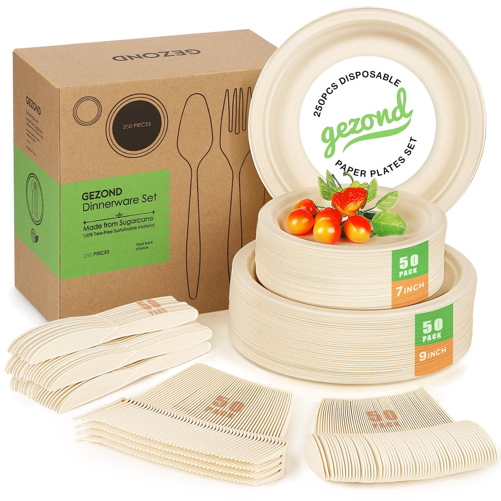 Gezond 250Pcs Disposable Paper Plates Set, Compostable Plate Sugarcane Utensils Eco Friendly Dinnerware Kit Includes 50 Biodegradable Plates, Forks, Knives and Spoons