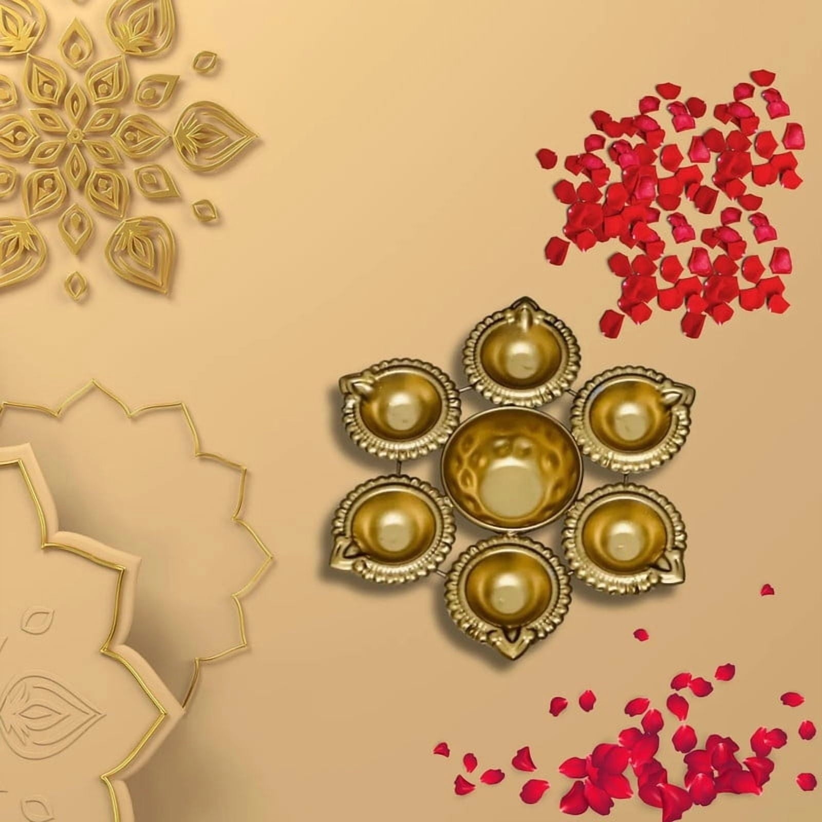 Golden Brass Diya Plate with 6 Attached Oil Lamps and Center Bowl – Decorative Traditional Diya for Diwali, Pooja & Festive Home Decor