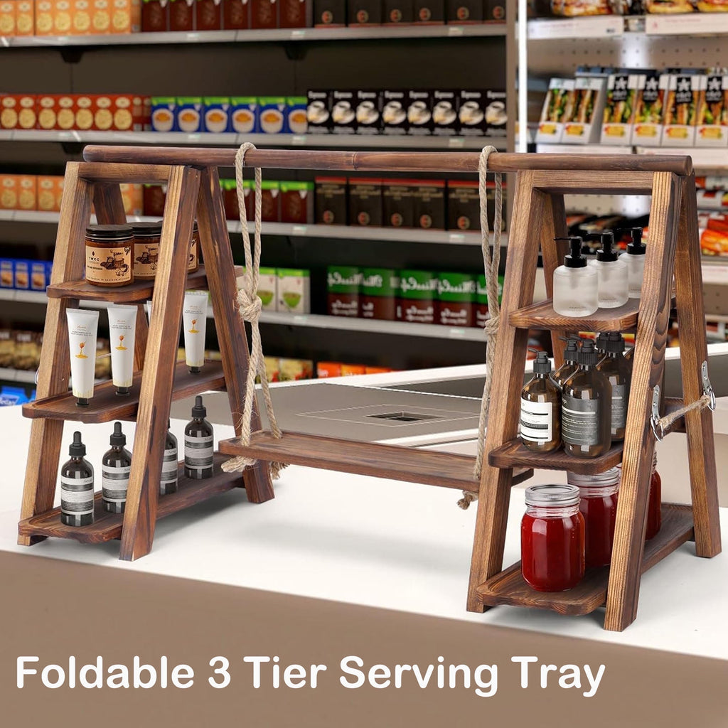 Gomok 3 Tier Serving Tray Wooden Cupcake Stand Rustic Foldable Dessert Table Display Set with Removable Trays