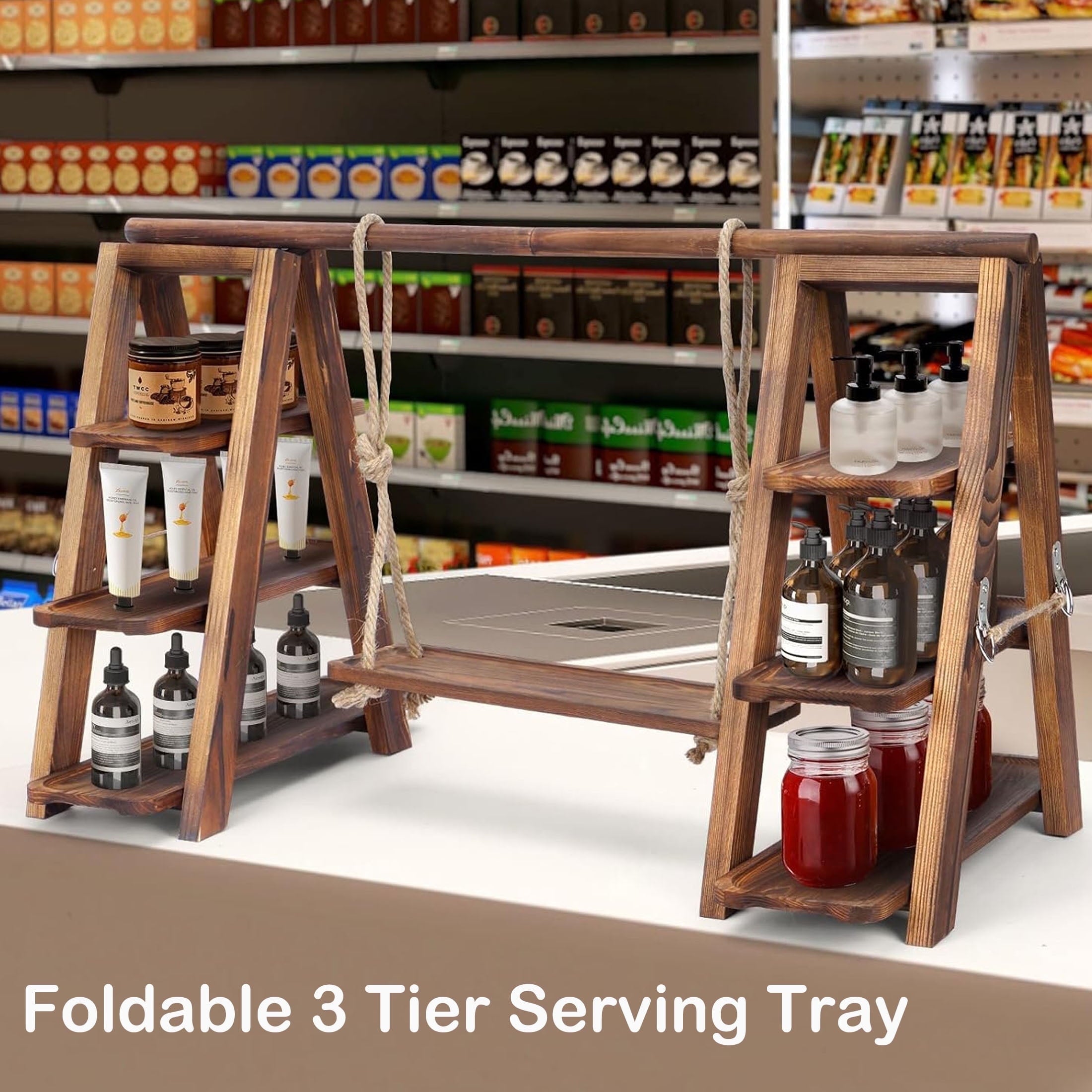 Gomok 3 Tier Serving Tray Wooden Cupcake Stand Rustic Foldable Dessert Table Display Set with Removable Trays