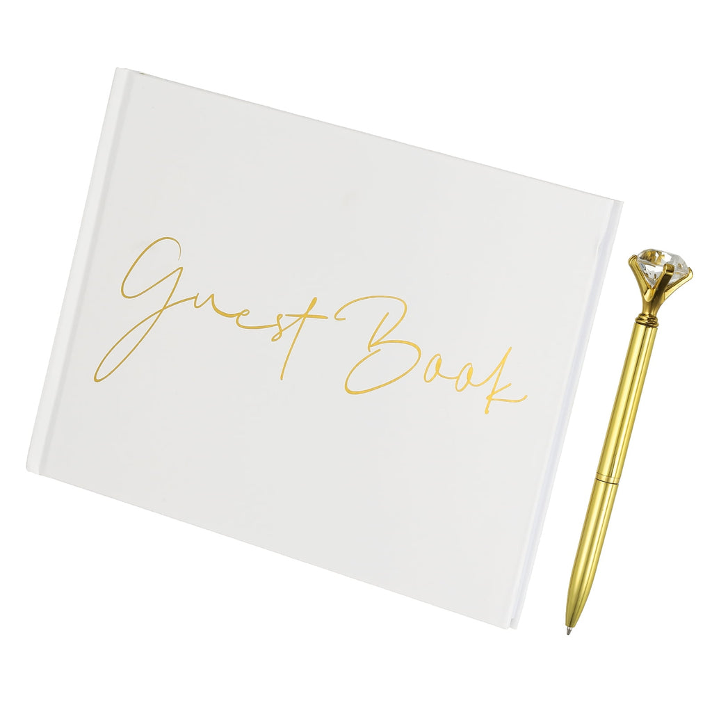 Guest Book, Wedding Guest Sign Book Reception Signature Book Party Decorations Supplies with Diamond Pen for Birthday Bridal Shower, White Words