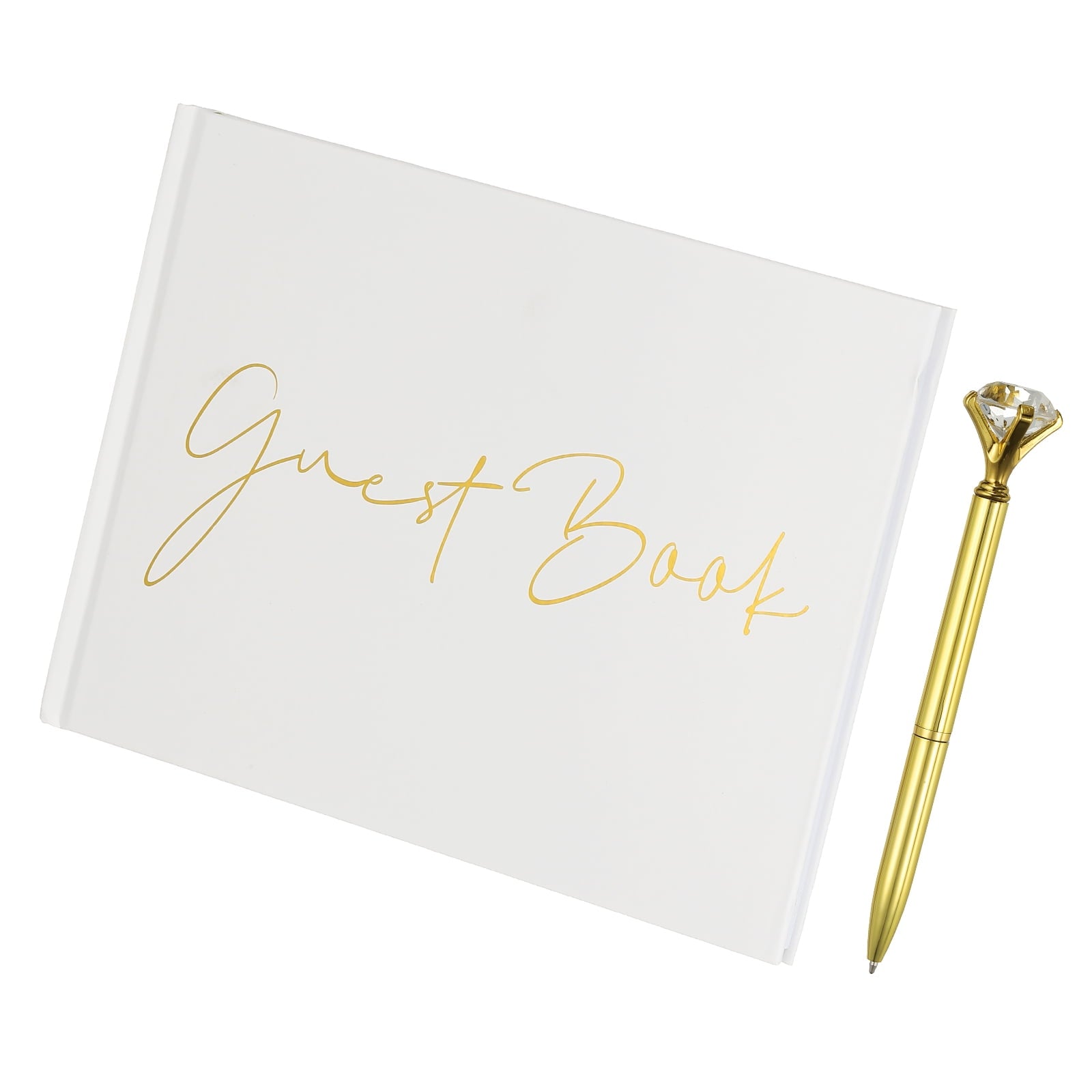 Guest Book, Wedding Guest Sign Book Reception Signature Book Party Decorations Supplies with Diamond Pen for Birthday Bridal Shower, White Words