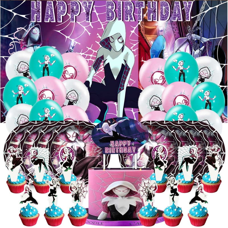 Gwen Spider Girl Tableware Balloons Birthday Plates Party Decor Banner Cake Topper Decorations for Kids Supplies