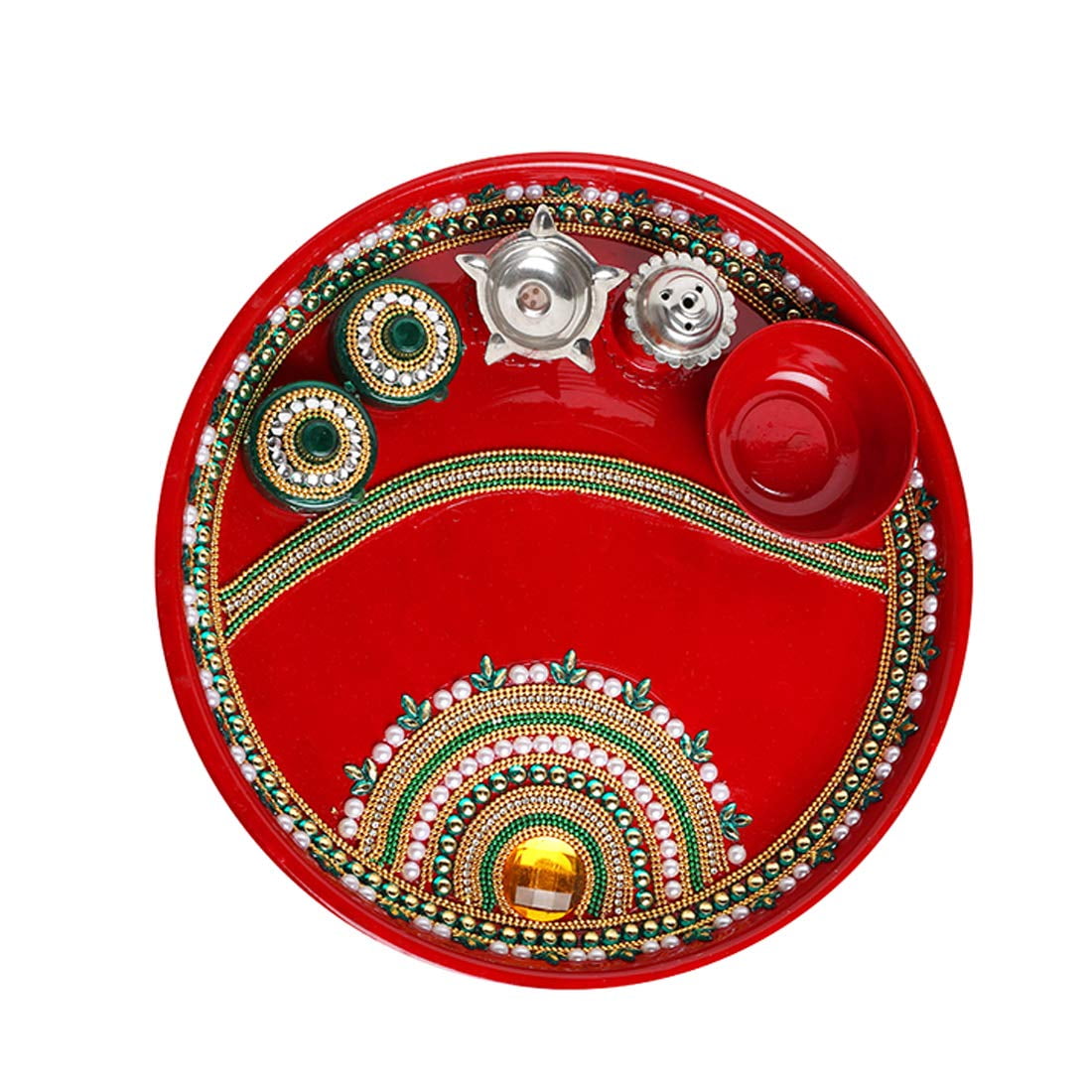 Handcrafted Red Pooja Thali Platter Engagement Plate Decorative Steel Thali with Essential Articles Attached ,for Aarti Pooja Rituals Festival Wedding Decorations &Gifting (Size- 9")