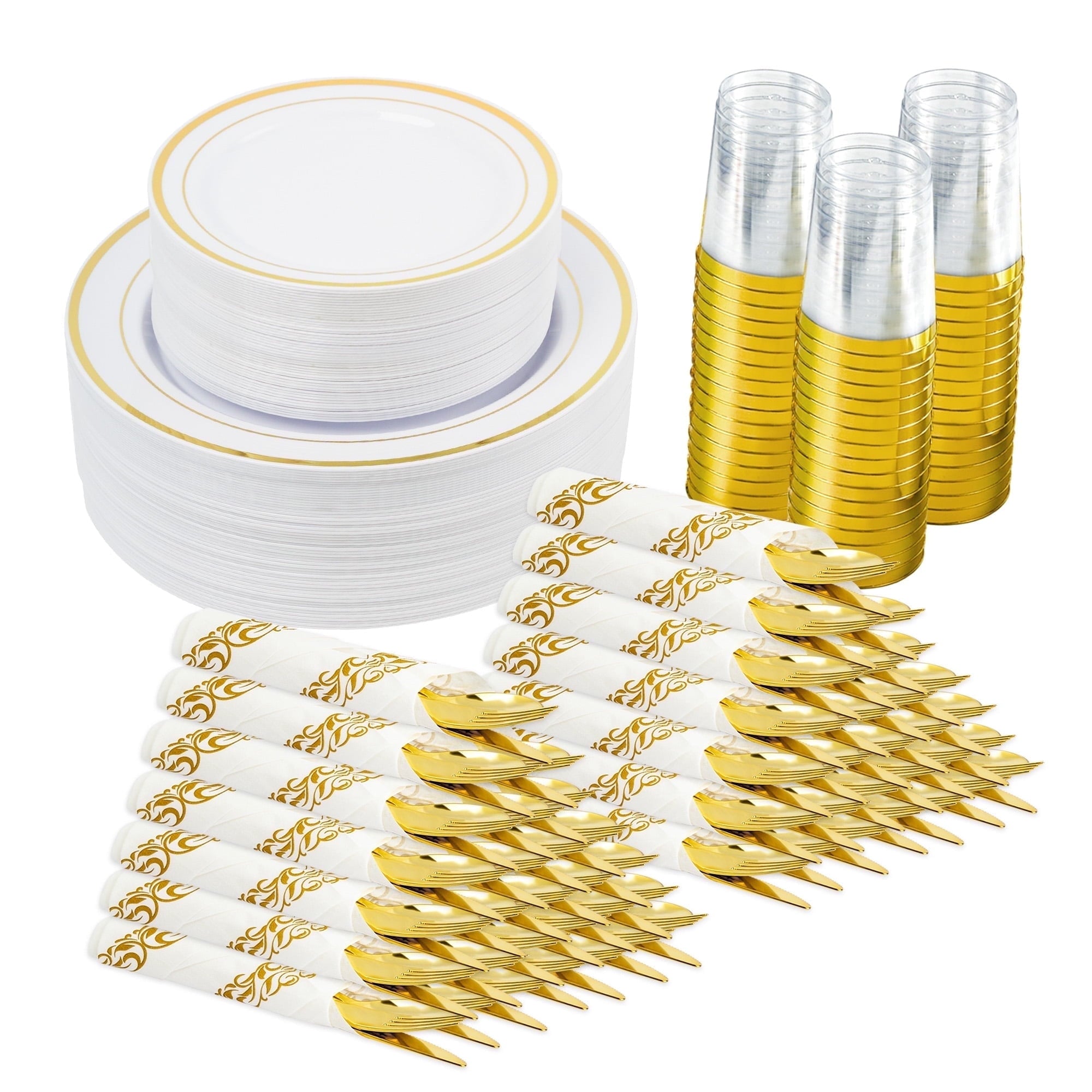 Hawsaiy 350PCS Gold Disposable Plates and Cups Set for 50 Guests, Plastic Dinnerware with Napkins for Wedding and Party