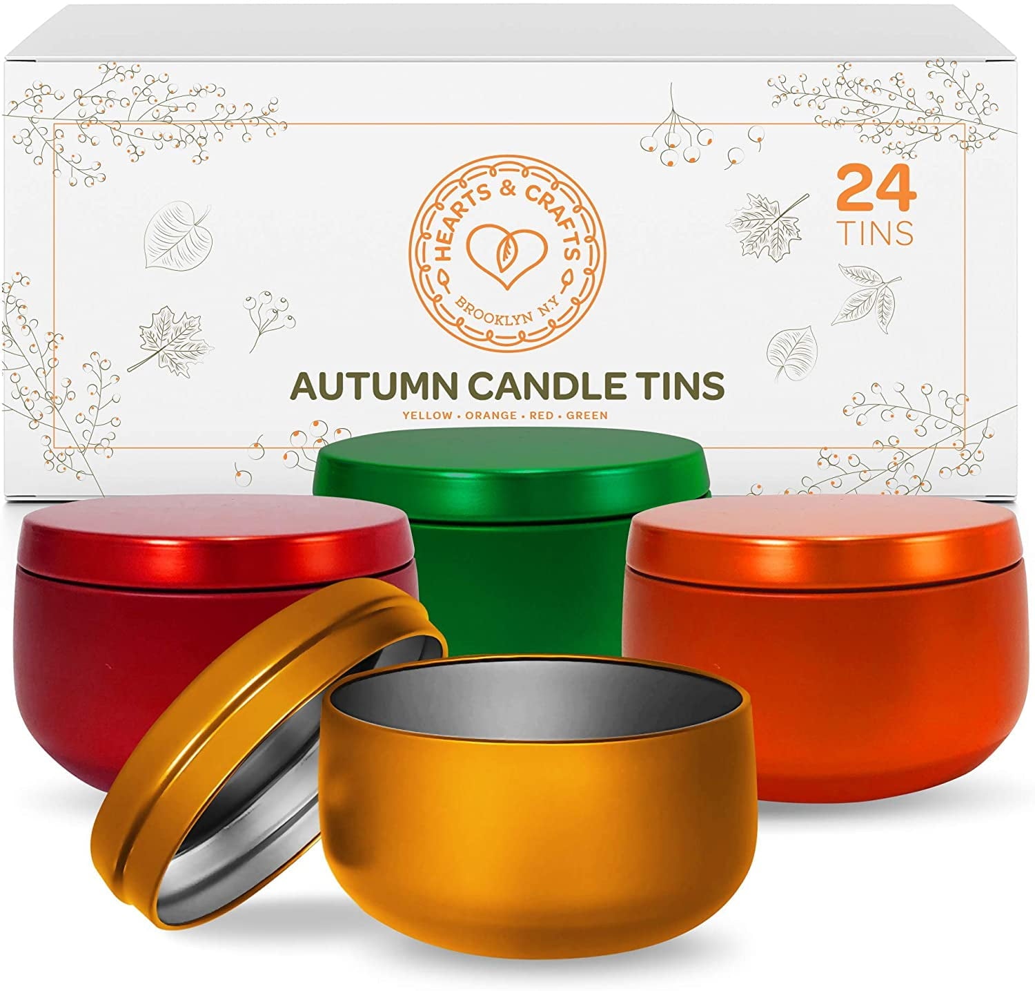 Hearts & Crafts Holiday Tin Candle Jars for Making Candles - Candle Tins 8oz - 24 Holiday Christmas Tin Candle Jars with Lids for Candle Making - Red, Green, Gold