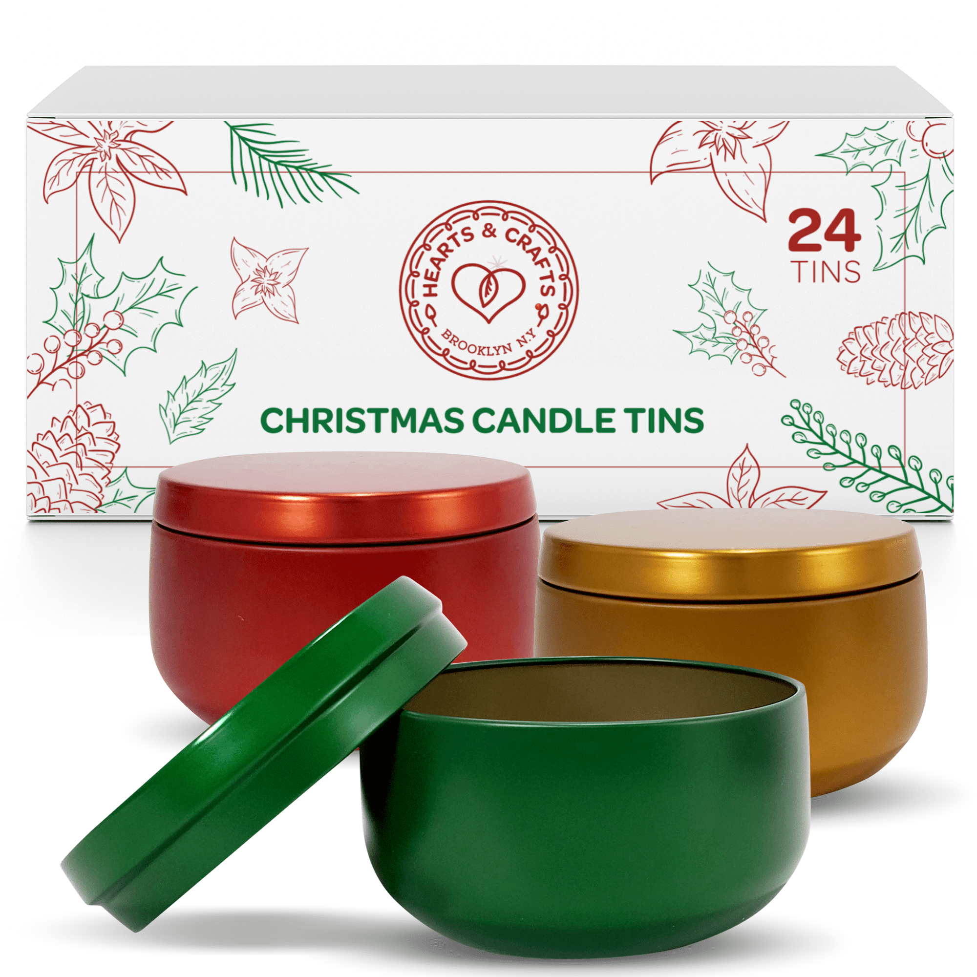 Hearts & Crafts Holiday Tin Candle Jars for Making Candles - Candle Tins 8oz - 24 Holiday Christmas Tin Candle Jars with Lids for Candle Making - Red, Green, Gold