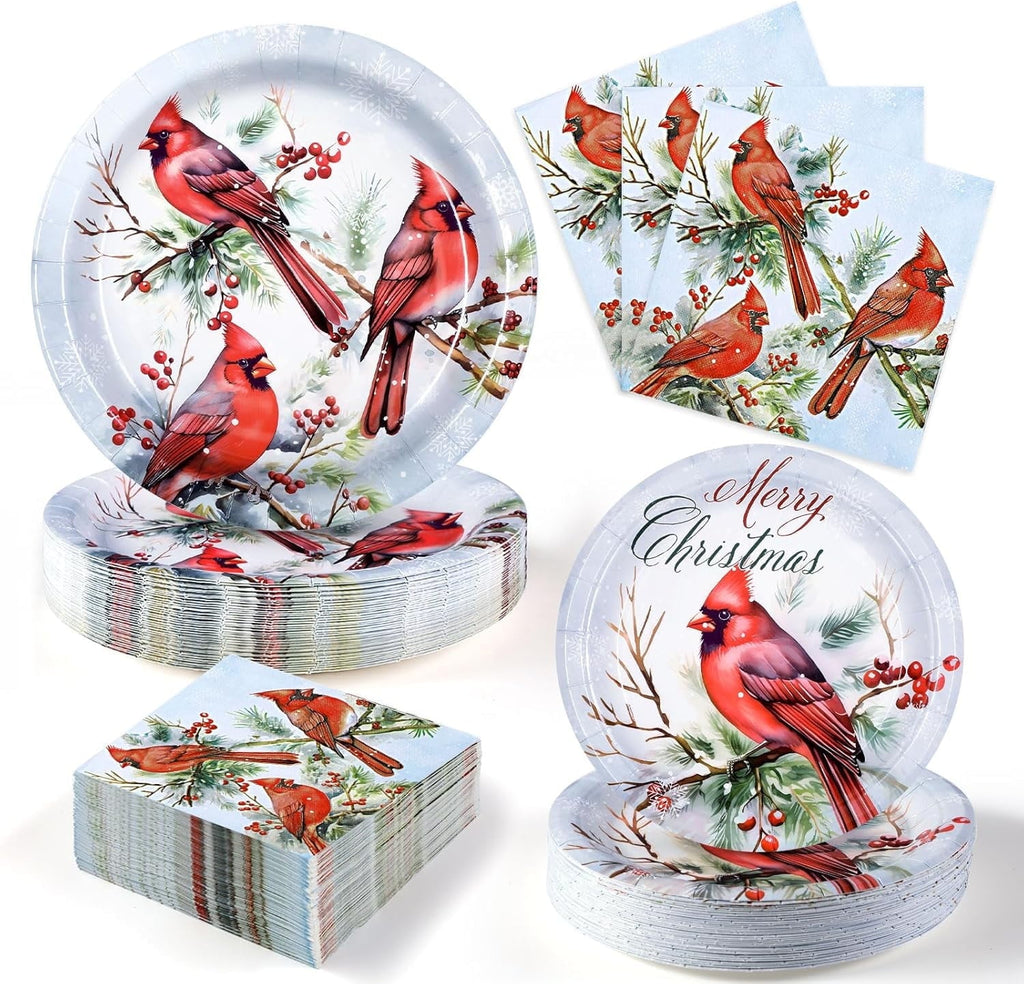 Waipfaru 200 PCS Christmas Paper Plates and Napkins Red Cardinal Bird Party Supplies Disposable Dinnerware Set for Xmas Party