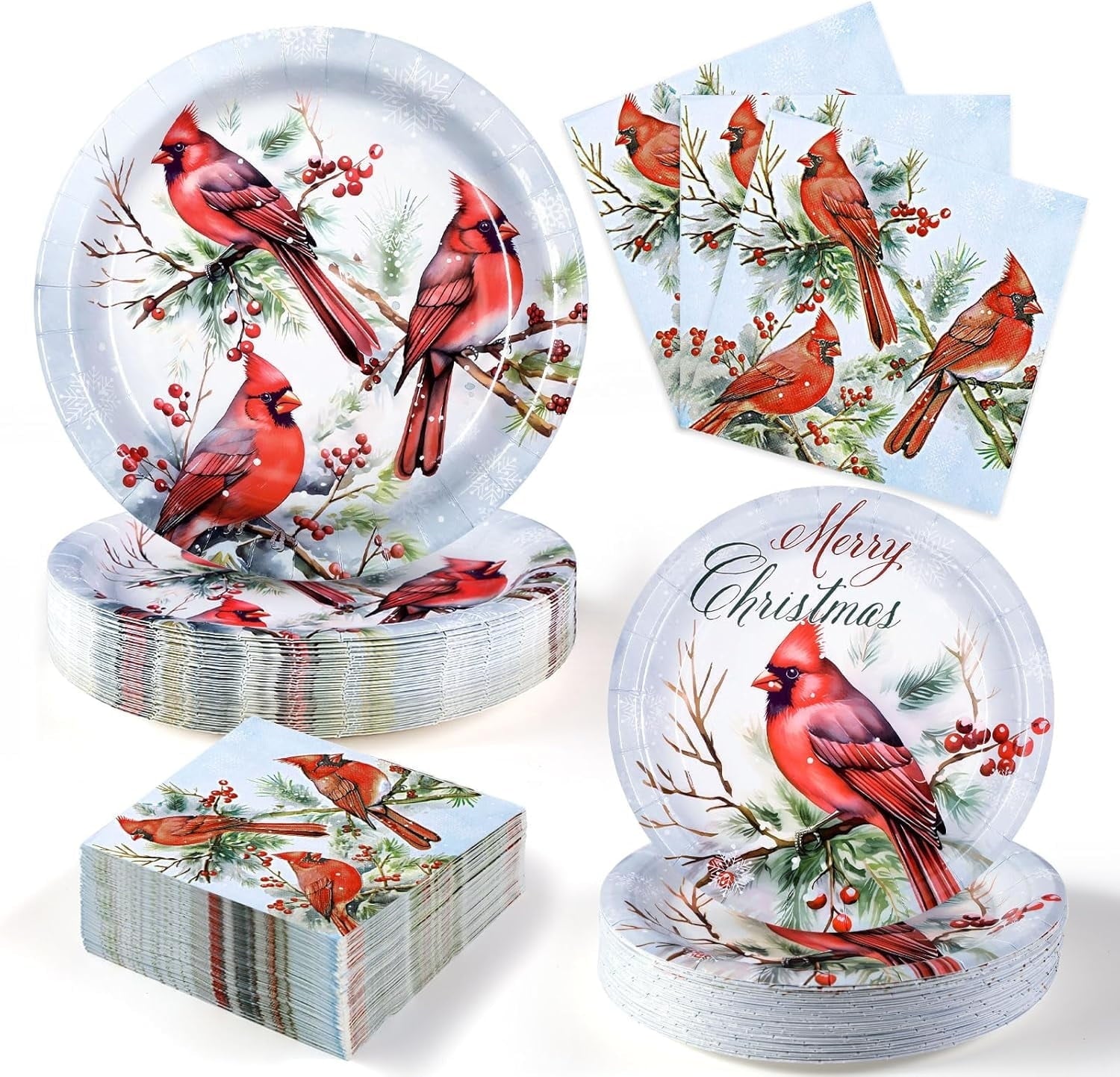 Waipfaru 200 PCS Christmas Paper Plates and Napkins Red Cardinal Bird Party Supplies Disposable Dinnerware Set for Xmas Party
