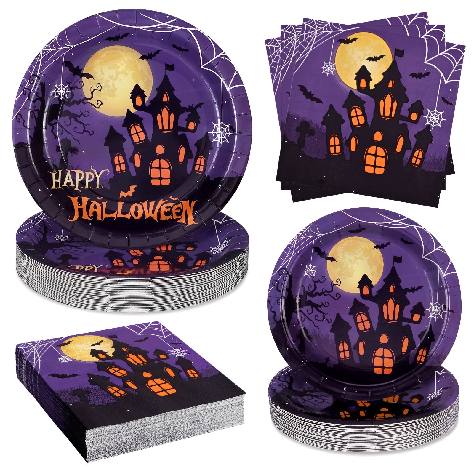 Waipfaru 200 PCS Halloween Party Supplies Paper Plates and Napkins Orange Pumpkin Disposable Tableware for Party Decoration
