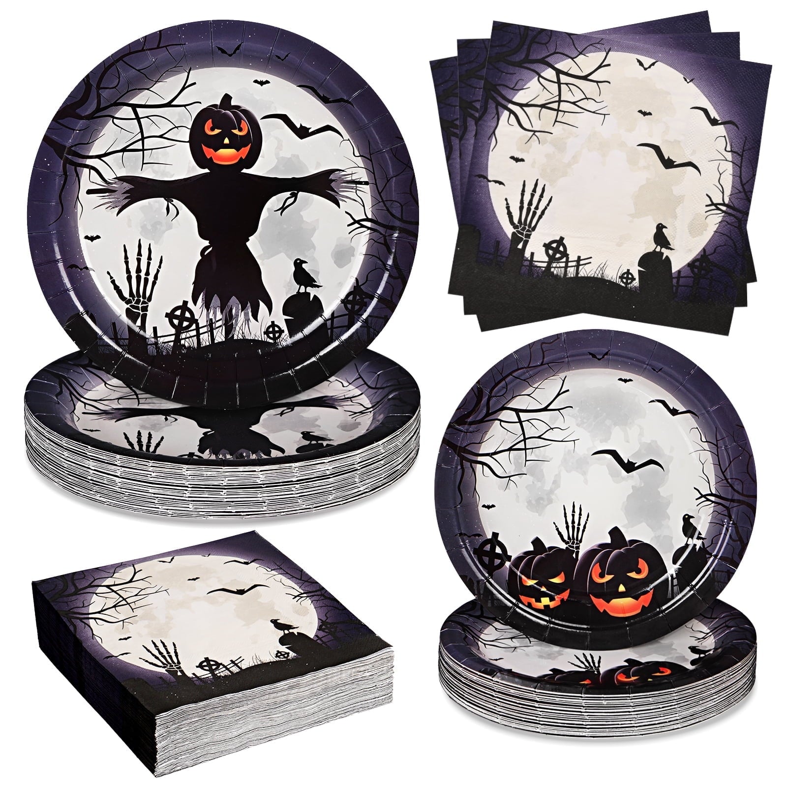 Waipfaru 200 PCS Halloween Party Supplies Paper Plates and Napkins Orange Pumpkin Disposable Tableware for Party Decoration