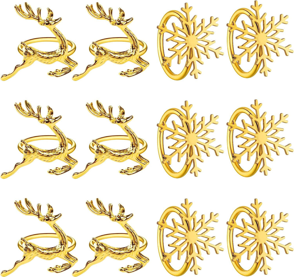 Homotte Gold Christmas Napkin Rings Set of 12, Christmas Reindeer and Snowflake Napkin Holders for Thanksgiving Table Decorations, Christmas Banquet, Daily Receptions