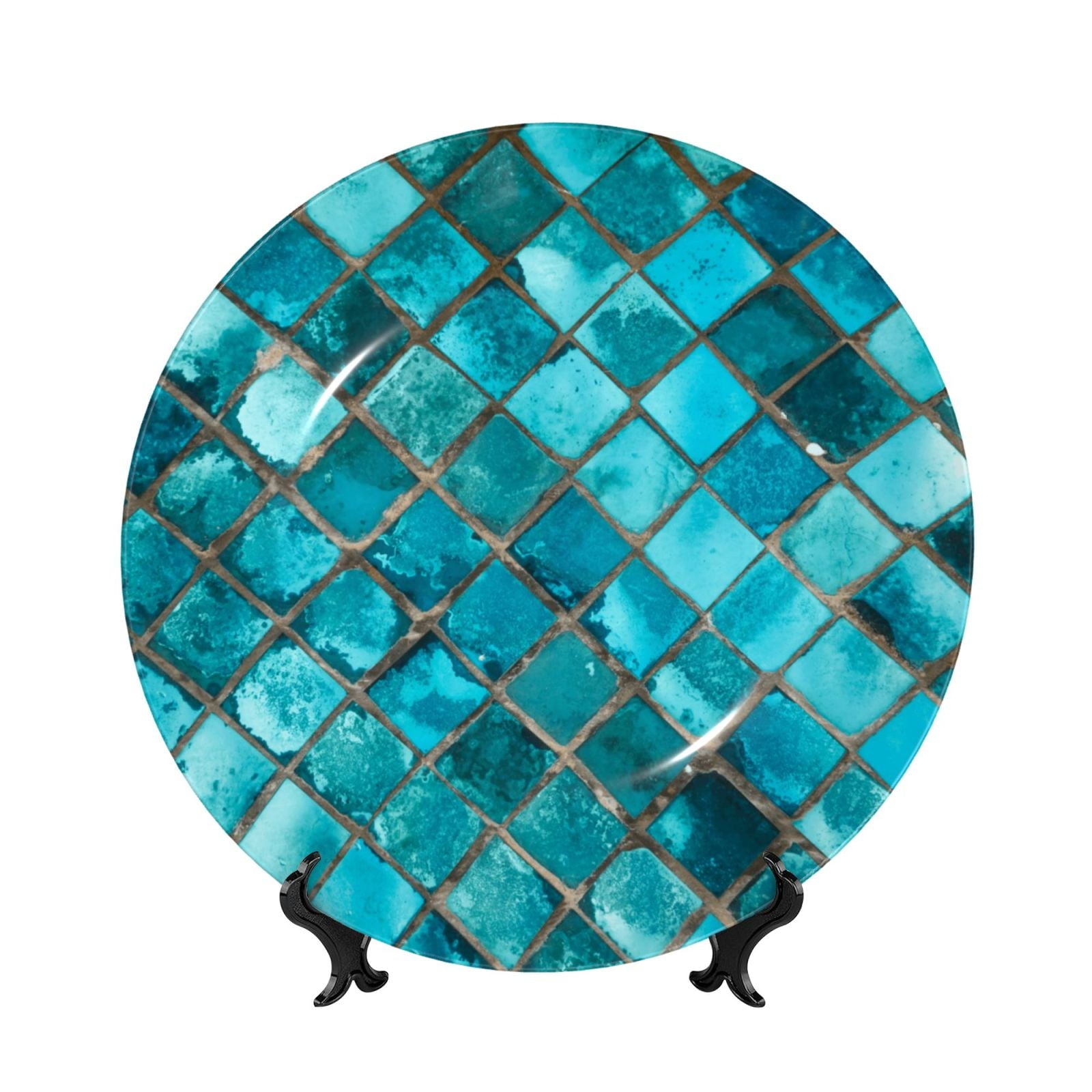 Honeii Square Glass Mosaic Print Elegant Bone China Decorative Plate, Porcelain Plate,Art Crafts,Ceramic Ornaments for Home Office Wall Decor-6in