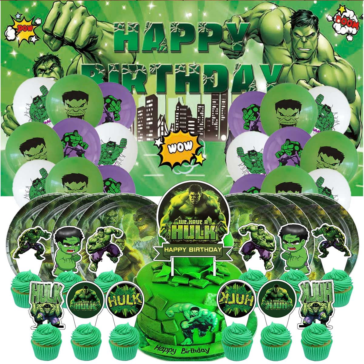 Hulk Tableware Balloons Birthday Plates Party Decor Banner Cake Topper Decorations for Kids Supplies