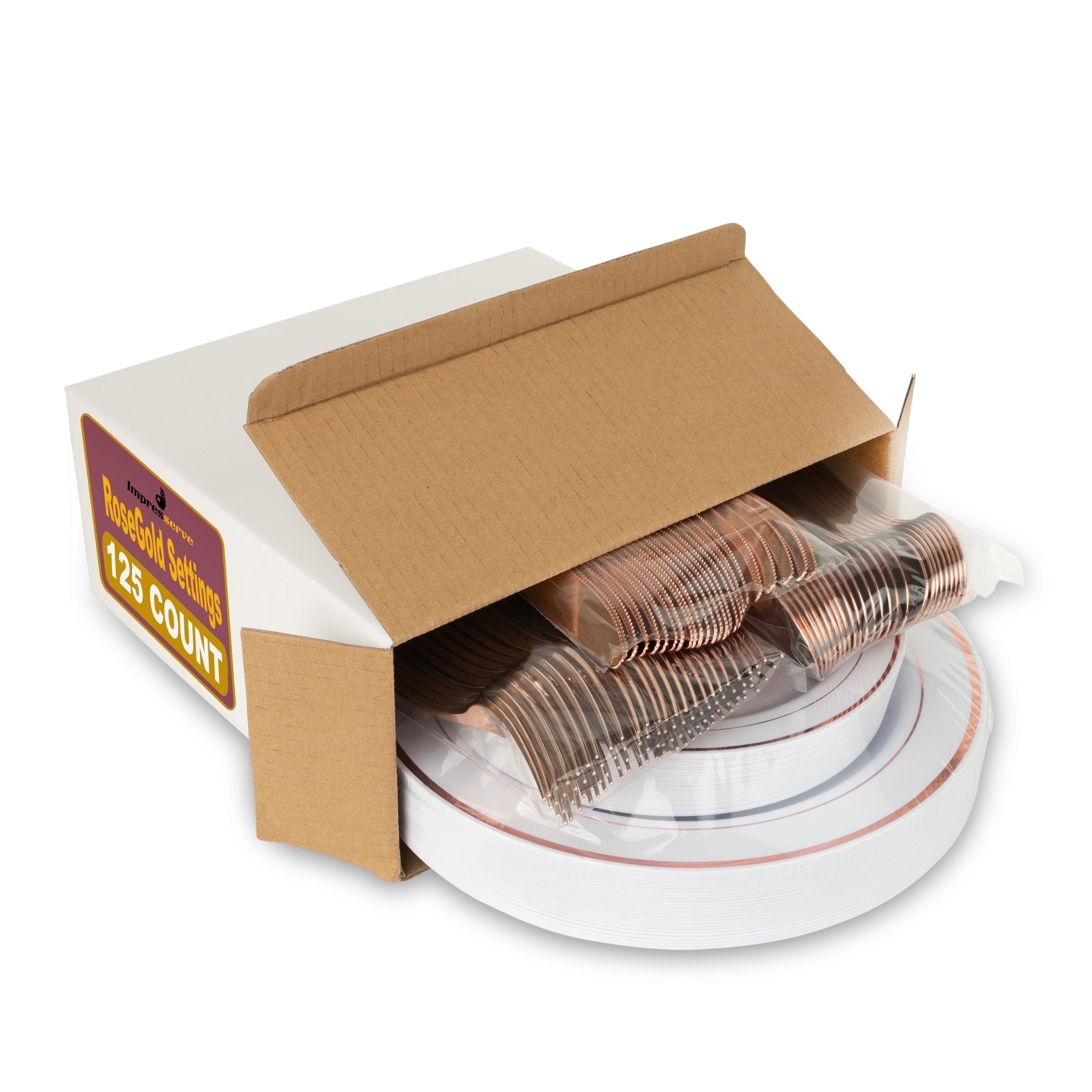 Impresserve Elegant Gold Disposable Plastic Dinnerware Set - 125 Pieces with Plates and Utensils for 25 Guests