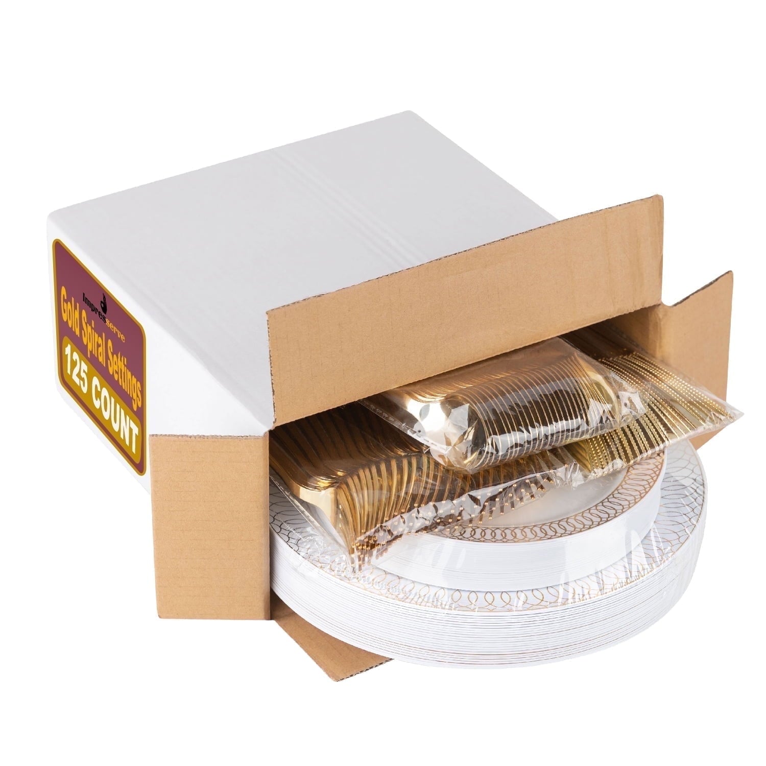 Impresserve Elegant Gold Disposable Plastic Dinnerware Set - 125 Pieces with Plates and Utensils for 25 Guests