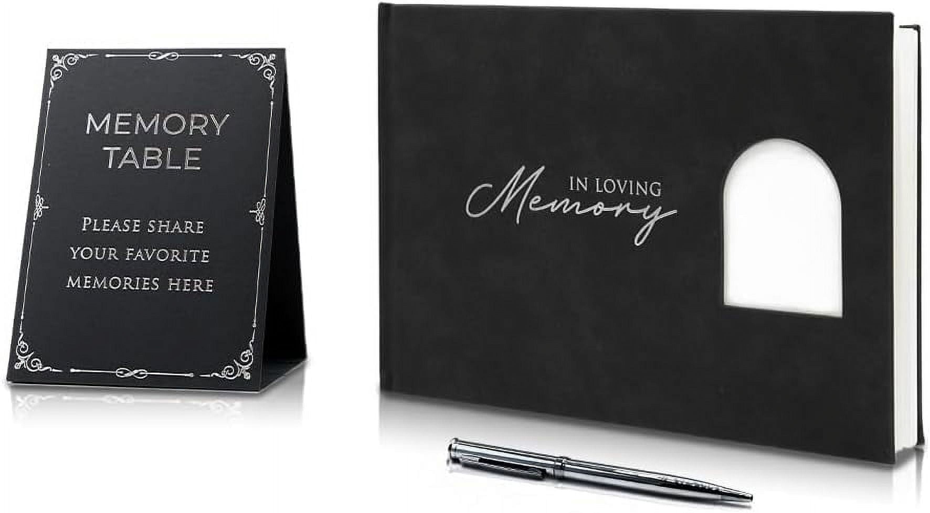 In Loving Memory Embossed Guest Book with Arched Photo Slot - Charcoal Black Leatherette PU Guestbook for Funeral Memorial
