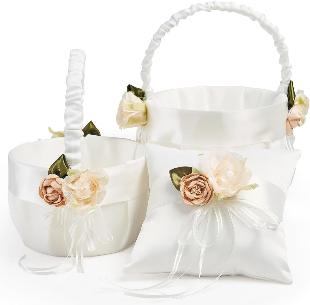 Ivory Flower Girl Basket Set of 3, 2 Flower Girl Baskets & 1 Ring Bearer Pillow with Floral Accent Ivory