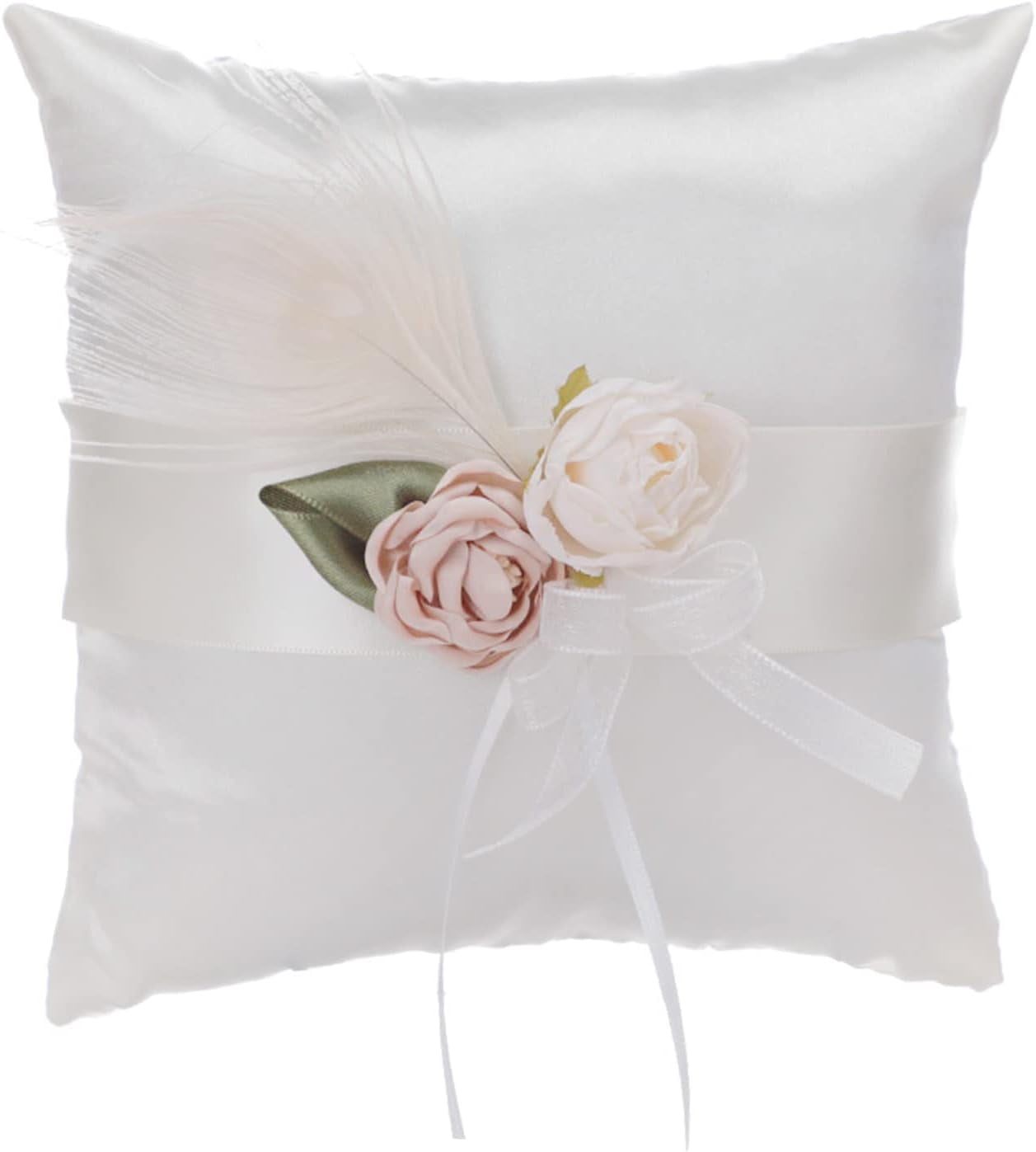Ivory Satin Ring Bearer Pillow 7inch Wedding Ring Pillow Ribbon and Organza Flowers Decorated,for Engagement, Proposal, Wedding Banquet Ring Bearer Pillow