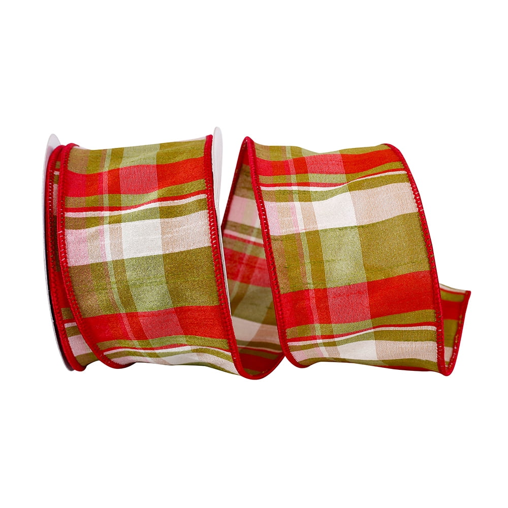 JAM Paper Plaid Christmas Multi-color Polyester Ribbon, 10yd x 4in, 1/Pack