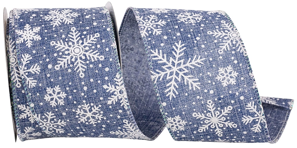 JAM Paper Christmas Snowflake Ribbon, Denim, Blue & White, 2.5in x 10yd, 1/Pack