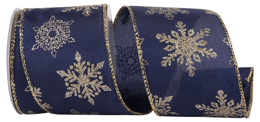 JAM Paper Snowflake Christmas Ribbon, Navy Blue & Gold, 2.5in x 10yd, 1/Pack