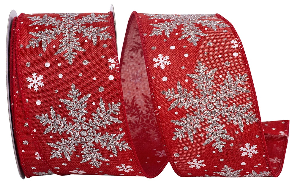 JAM Paper Snowflake Christmas Ribbon, Red & Silver, Linen, 2.5in x 10yd, 1/Pack