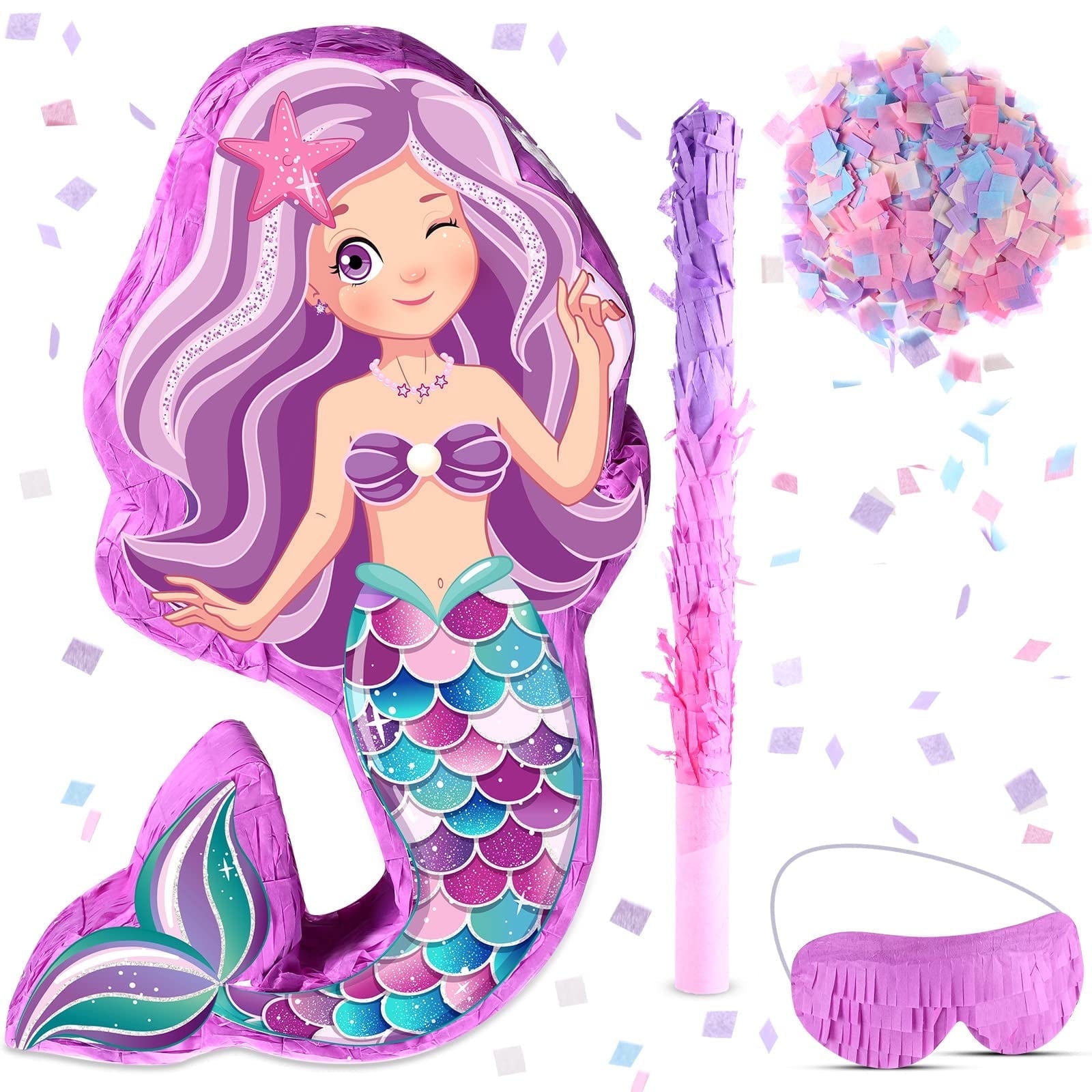 JBee Ctrl Mermaid Pinata - Mermaid Party Supplies Pinata Bundle with Blindfold and Bat for Girls Kids Ocean Theme Birthday Party Game Decorations (15.8" x 11.8" x 3.5")