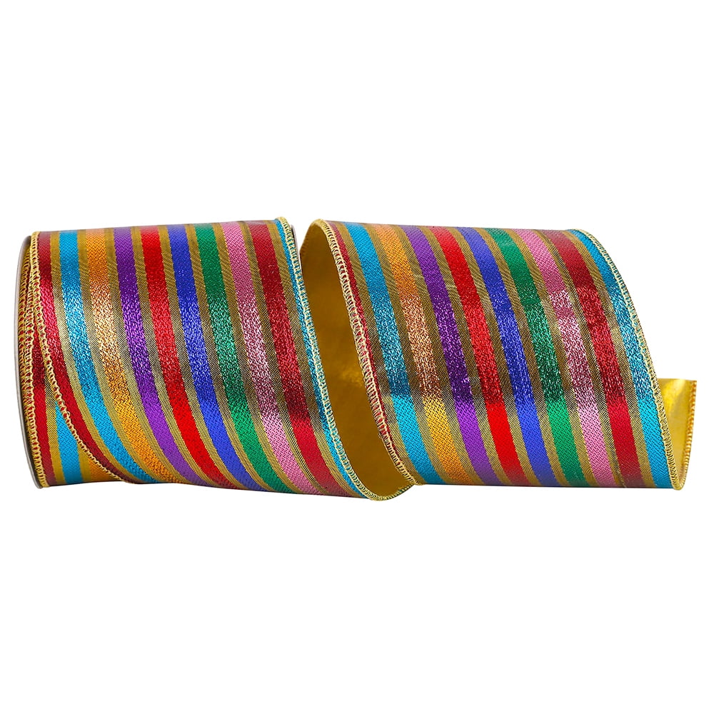 Jam Paper Stripe Christmas Multi-Color Nylon Ribbon, 10Yd X 4In, 1/Pack