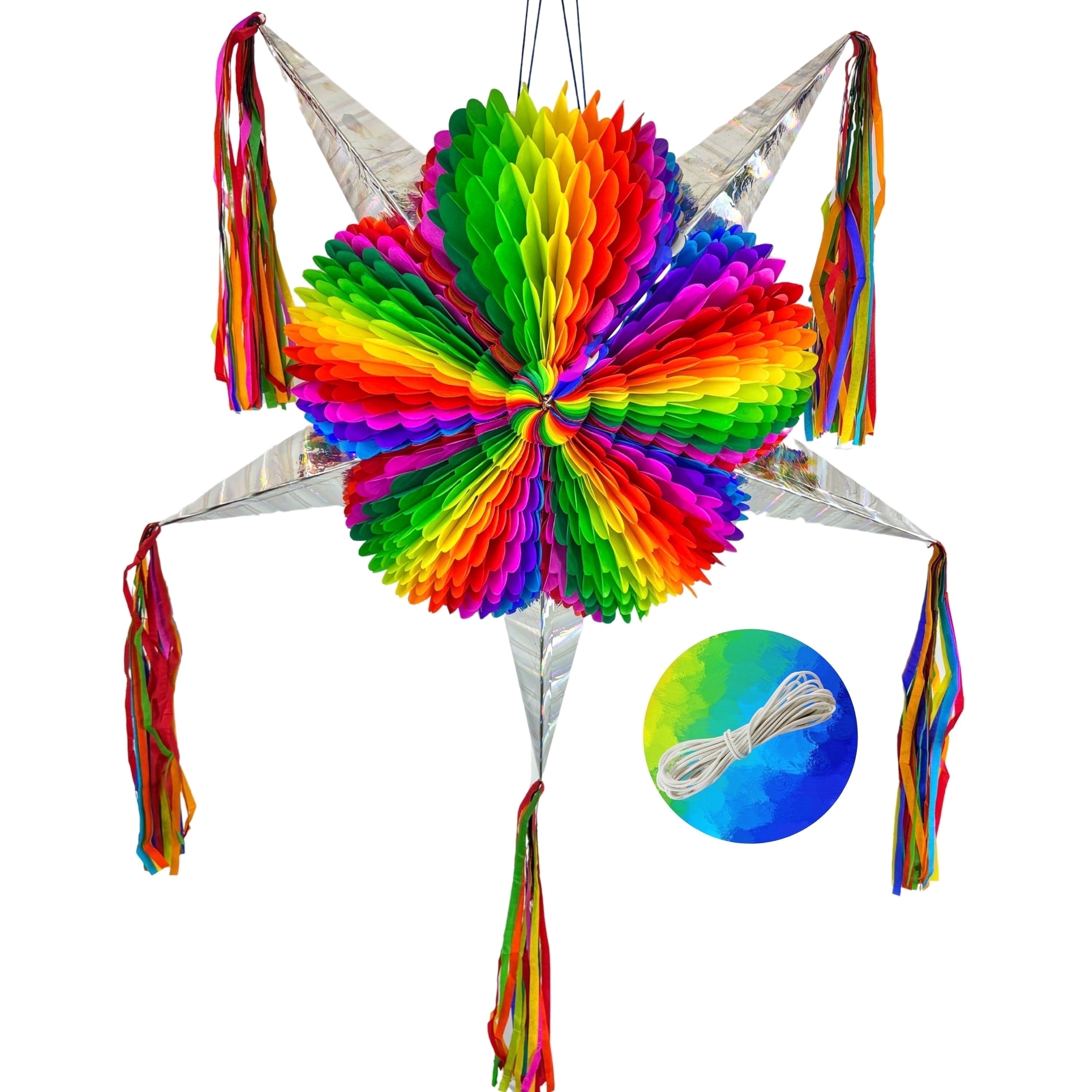 Extra Large 32" Pinata, Mexican Star with Gold Cones and 30-ft Rope - Handmade, Foldable Piñata for Birthday Parties and Mexican Fiestas