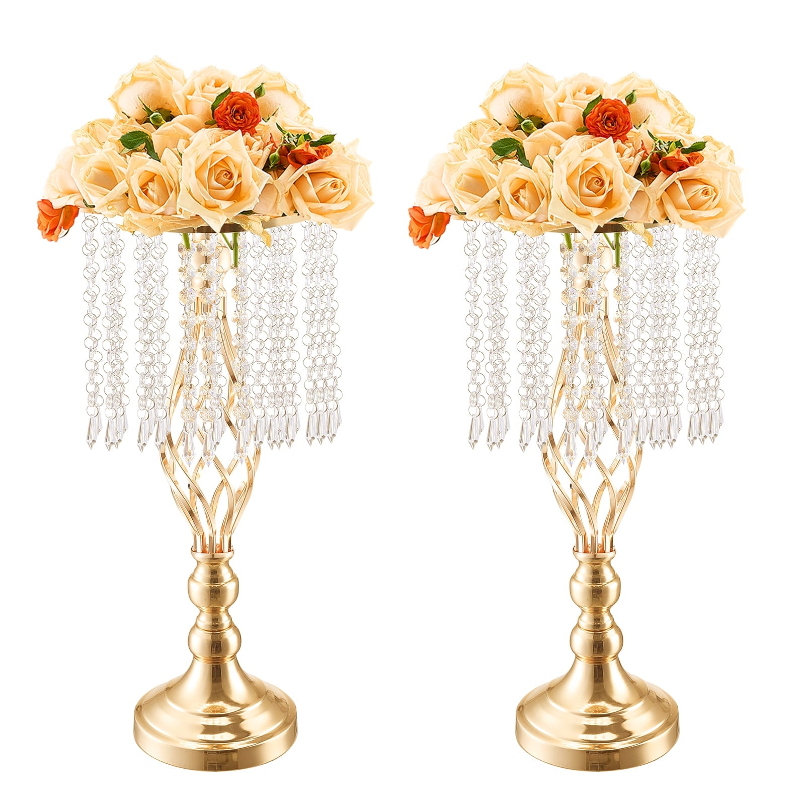 KFFKFF 12-Piece Set, 49cm/19.3” Height, Crystal Floral Stands, Gold Metal Centerpiece Vases, Ideal for Tabletops at Weddings, Dinners, Parties, Ceremonies, and Birthday Celebrations