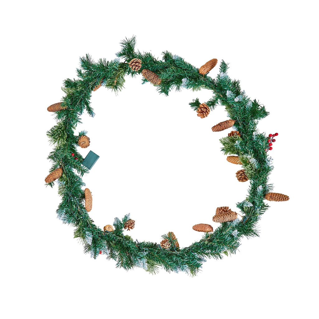 KFFKFF 9-Ft Artificial Christmas Garland with Lights, Festive Greenery Decoration Featuring Berries, Pine Needles, and Cones, Realistic Holiday Accent for Mantels and Fireplaces
