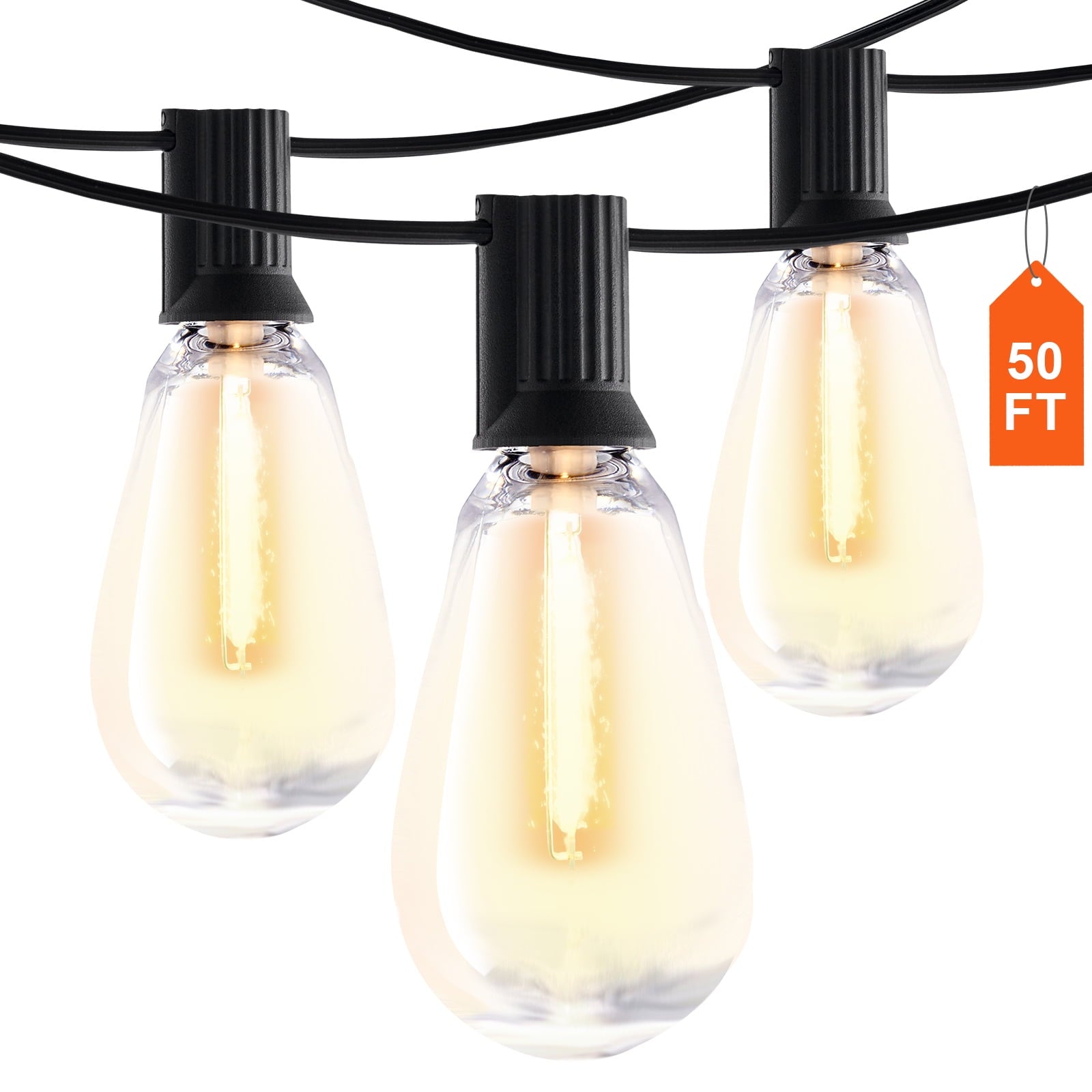 KFFKFF LED Exterior Illumination Strings, 50FT, 2700K Adjustable Brightness Terrace Lights, Includes 15 S14 Durable Bulbs with E12 Socket Base, Water-Resistant Suspended Lights for Veranda, Backyard