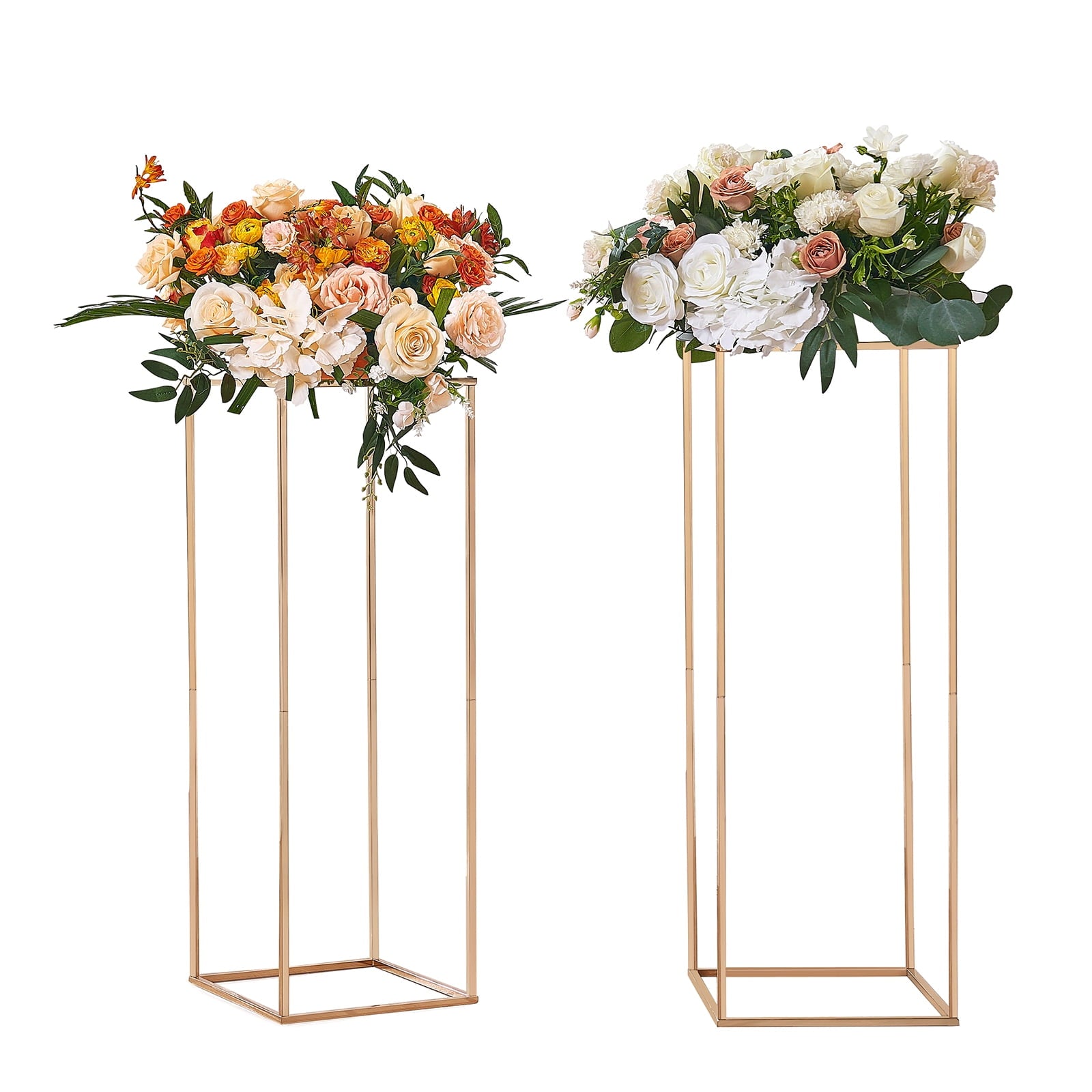 KFFKFF Pair of 31.5inch Tall Wedding Floral Stands, Featuring Acrylic Overlay, Metallic Vase Pillar Geometric Centerpiece Holders, Golden Rectangular Flower Showcasing Structure