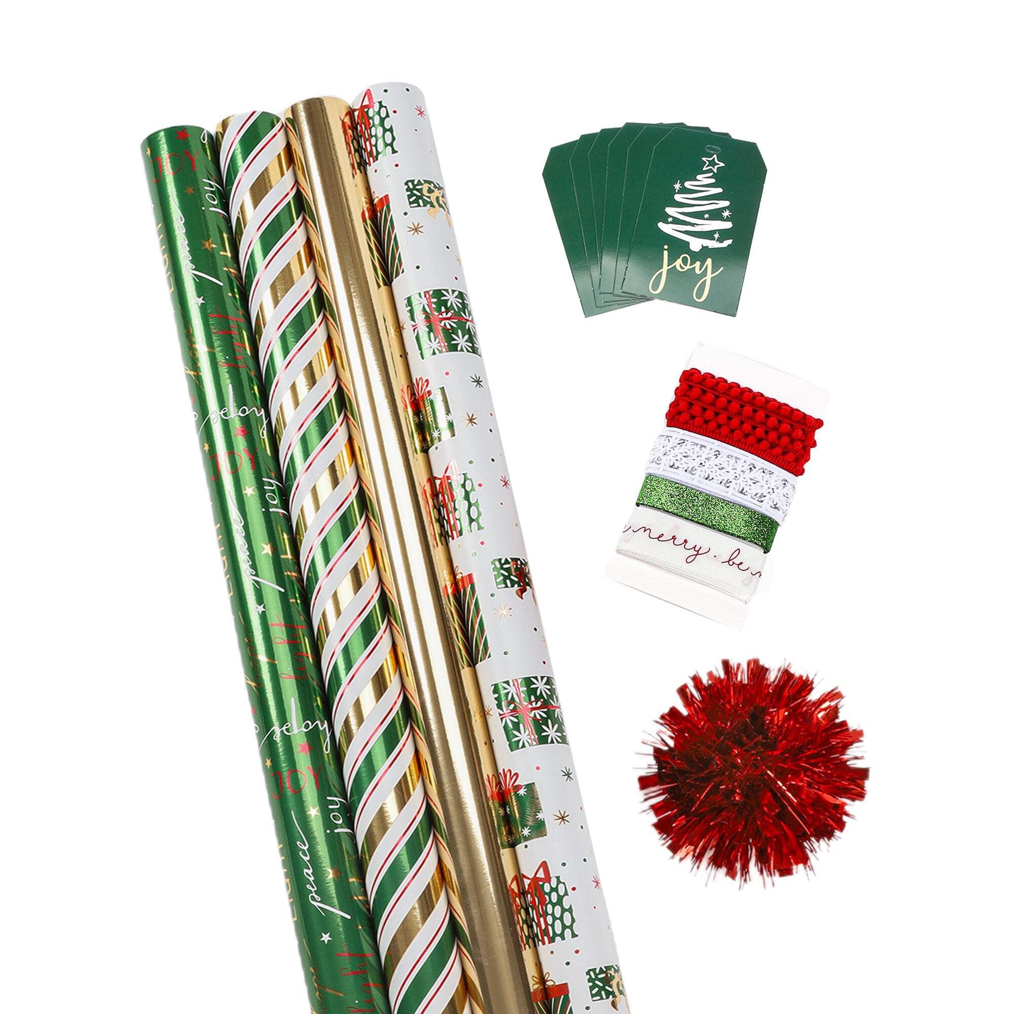 LaRibbons 30" x 10' Christmas Holiday Gift Wrap Deluxe Kit, Stripe Green