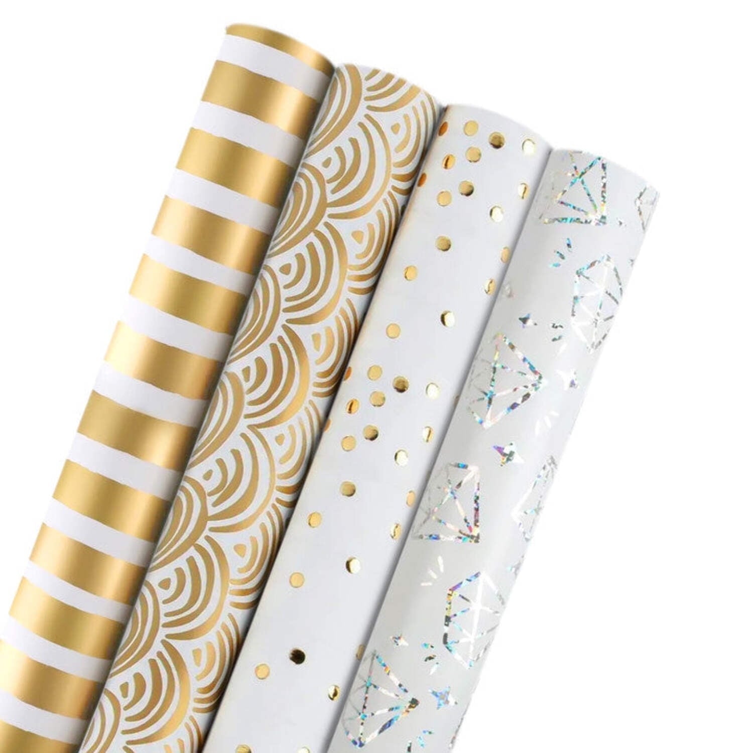 LaRibbons 30" x 10' Wrapping Paper Bundle (4 Roll Pack) White,Ivory,Gold Herringbone,Dots,Triangles,Art Deco