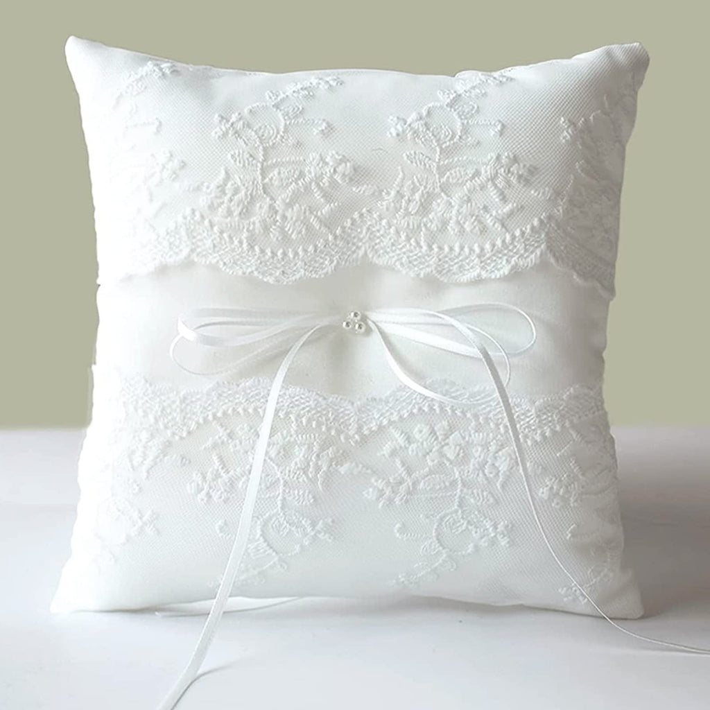 Lace Pearl Wedding Ring Pillow, Ivory Ring Bearer Cushion for Bride Groom Ceremony, Matte Satin with Back Holder Ribbon, White