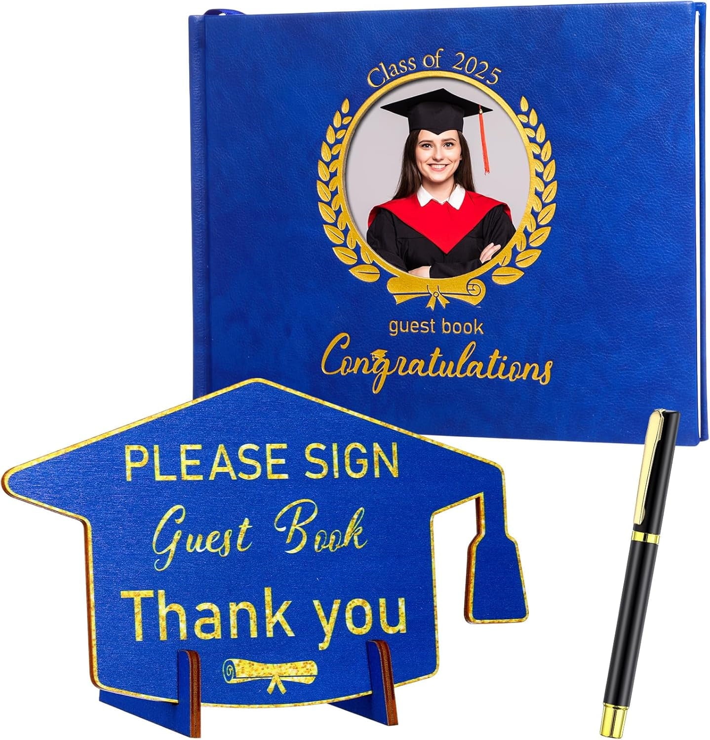 Leather Graduation Guest Book with Grad Stand and Signature Pen Guest Sign in Book 2025 Grad Memory Registry Guestbook for College High School Graduation Party Gifts Supplies(Black Gold)