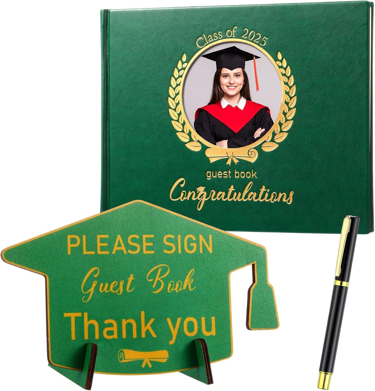 Leather Graduation Guest Book with Grad Stand and Signature Pen Guest Sign in Book 2025 Grad Memory Registry Guestbook for College High School Graduation Party Gifts Supplies(Black Gold)