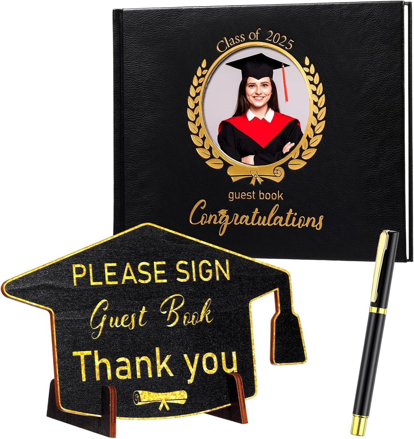 Leather Graduation Guest Book with Grad Stand and Signature Pen Guest Sign in Book 2025 Grad Memory Registry Guestbook for College High School Graduation Party Gifts Supplies(Black Gold)