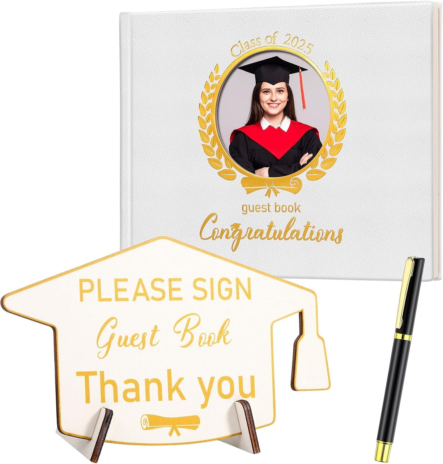 Leather Graduation Guest Book with Grad Stand and Signature Pen Guest Sign in Book 2025 Grad Memory Registry Guestbook for College High School Graduation Party Gifts Supplies(Black Gold)