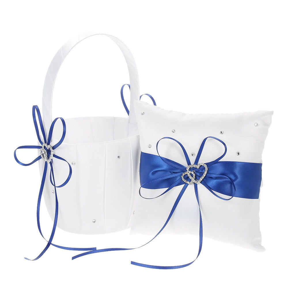 Leyfeng 6 * 6 inches Double Heart Satin Ring Bearer Pillow and Wedding Flower Girl Basket Set with Rhinestone Ribbon Decoration Blue