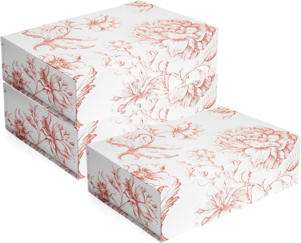 Luxury Keepsake Gift Box 3-Pack | Pink Floral Decorative Boxes with Magnetic Lids for Presents, Wedding Memory Box, and Bridal Gifts. 11.5" x 7.5" x 3.5"