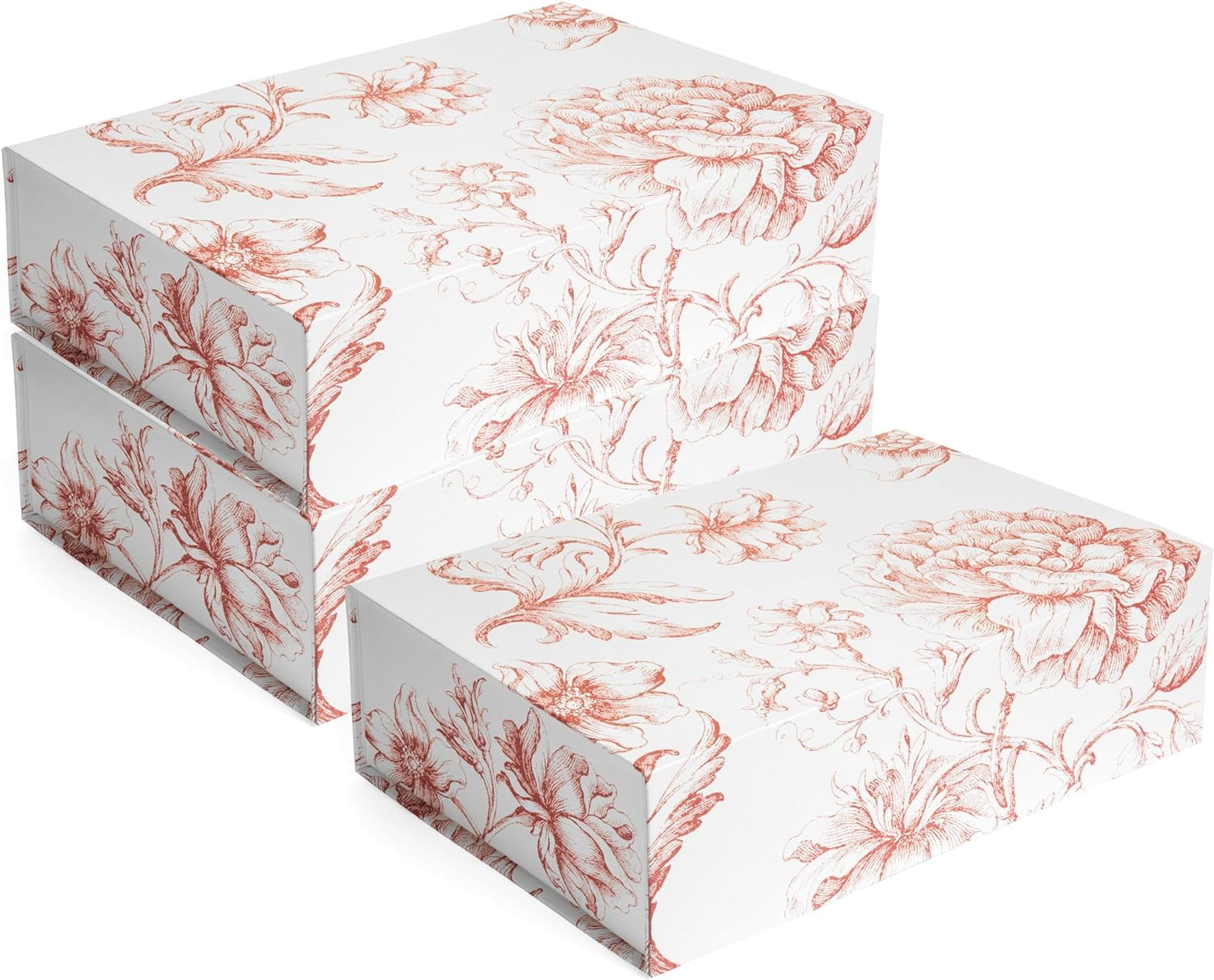 Luxury Keepsake Gift Box 3-Pack | Pink Floral Decorative Boxes with Magnetic Lids for Presents, Wedding Memory Box, and Bridal Gifts. 11.5" x 7.5" x 3.5"