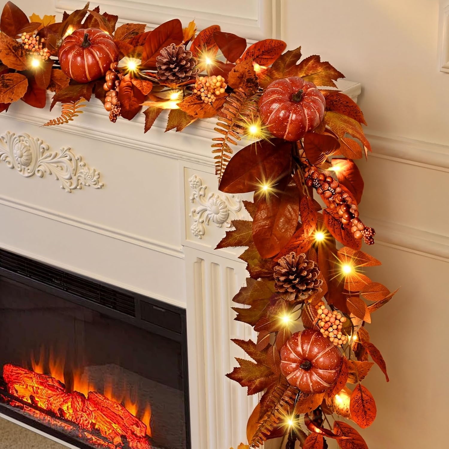 Lyacmy 6 FT Orange Fall Garland for Mantle Fall Decorations for Home, Pumpkins Maple Leaves Lighted Fall Garland for Home Fall Decor Outdoor Indoor