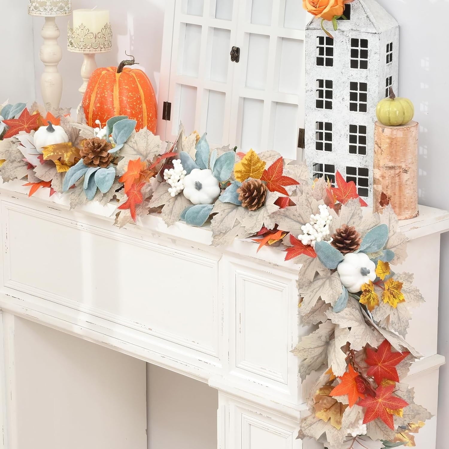 Lyacmy 6 FT Orange Fall Garland for Mantle Fall Decorations for Home, Pumpkins Maple Leaves Lighted Fall Garland for Home Fall Decor Outdoor Indoor