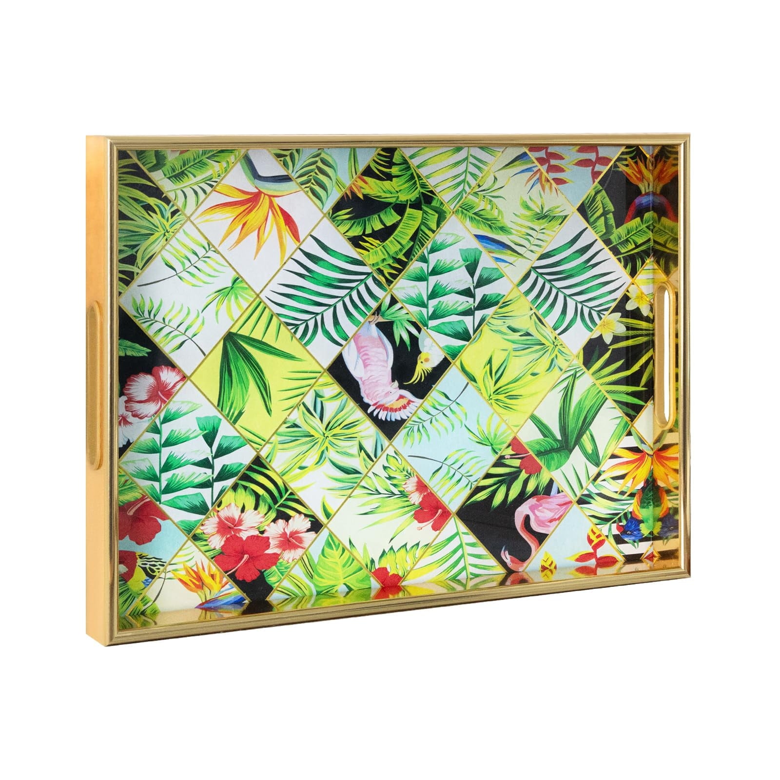 MAONAME White Decorative Tray, 15.7" X 11.8" Plastic Serving Tray with Handles, Printed Marble Glass Tray, Rectangular Tray for Coffee Table