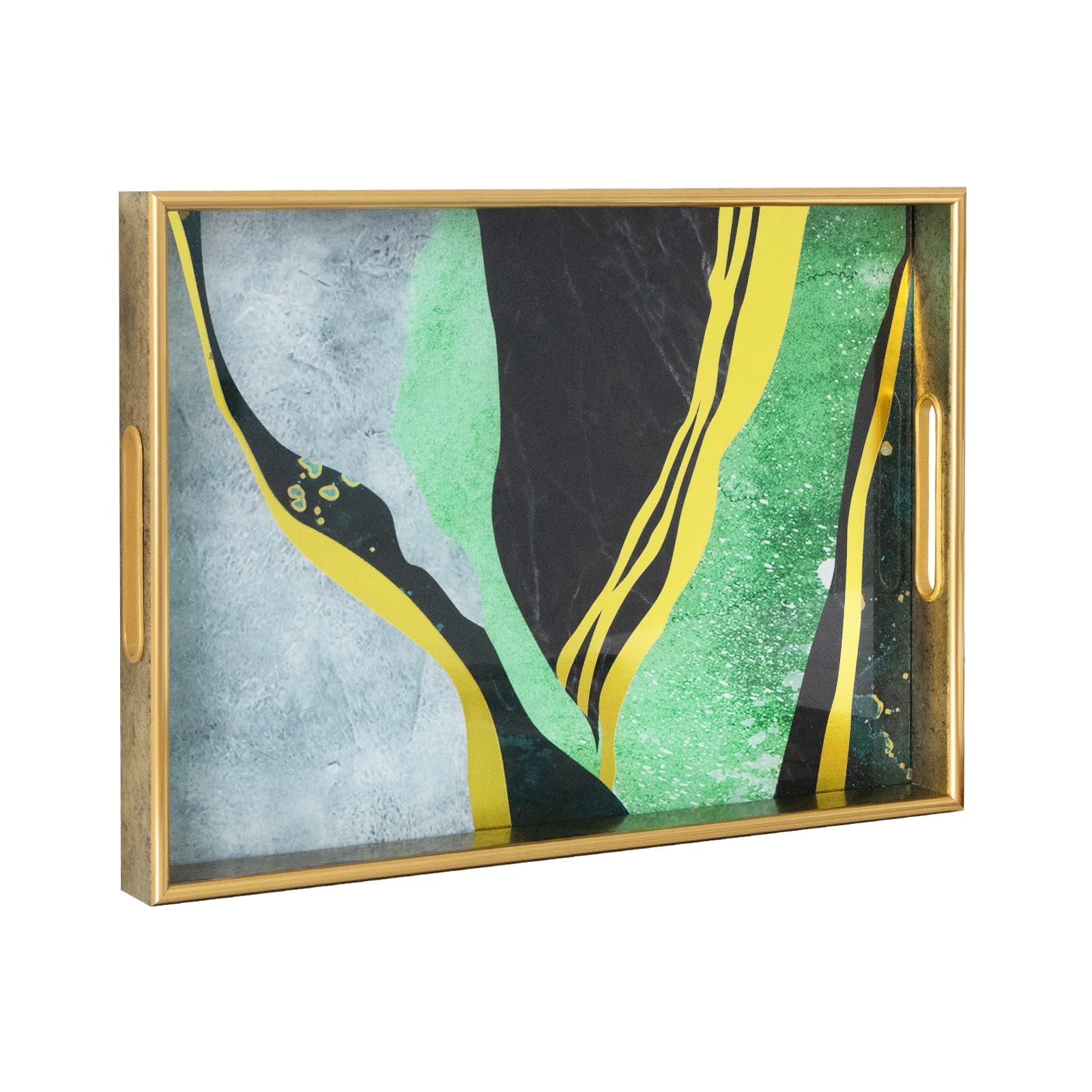 MAONAME White Decorative Tray, 15.7" X 11.8" Plastic Serving Tray with Handles, Printed Marble Glass Tray, Rectangular Tray for Coffee Table